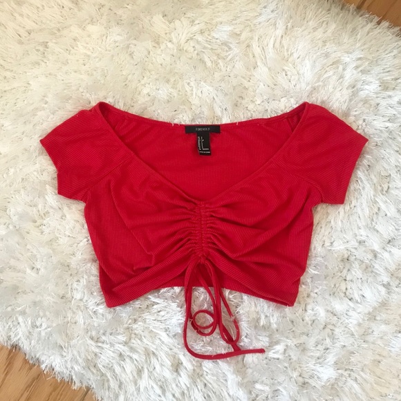 red ruched crop top